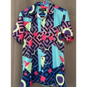 Reason Brand Geometric Art Shirt M Short Sleeve Button Down Retro 80s/90s Style